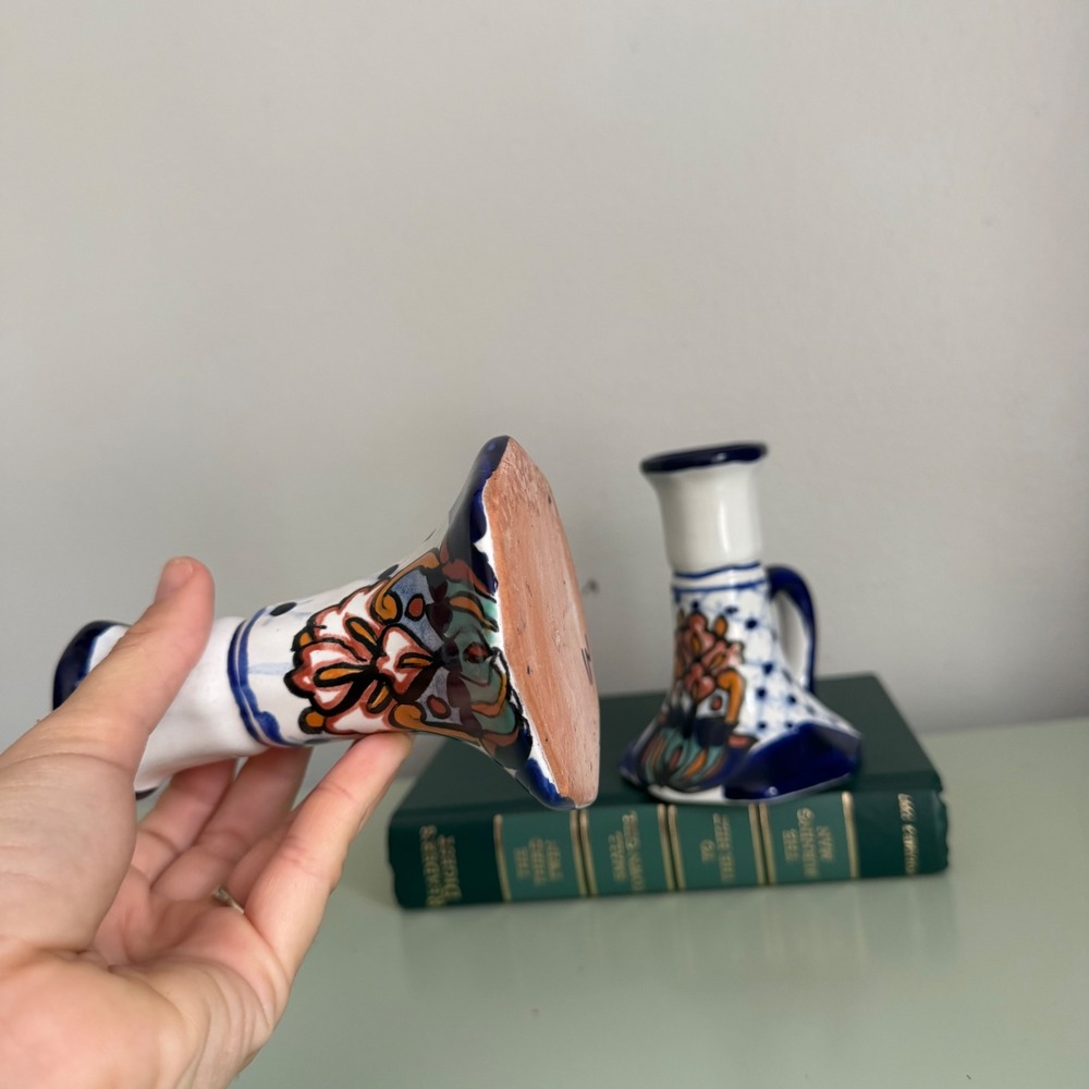 Talavera Mexican Pottery Candlestick Holders Hand Painted Floral Ceramic (2) - Picture 2 of 8